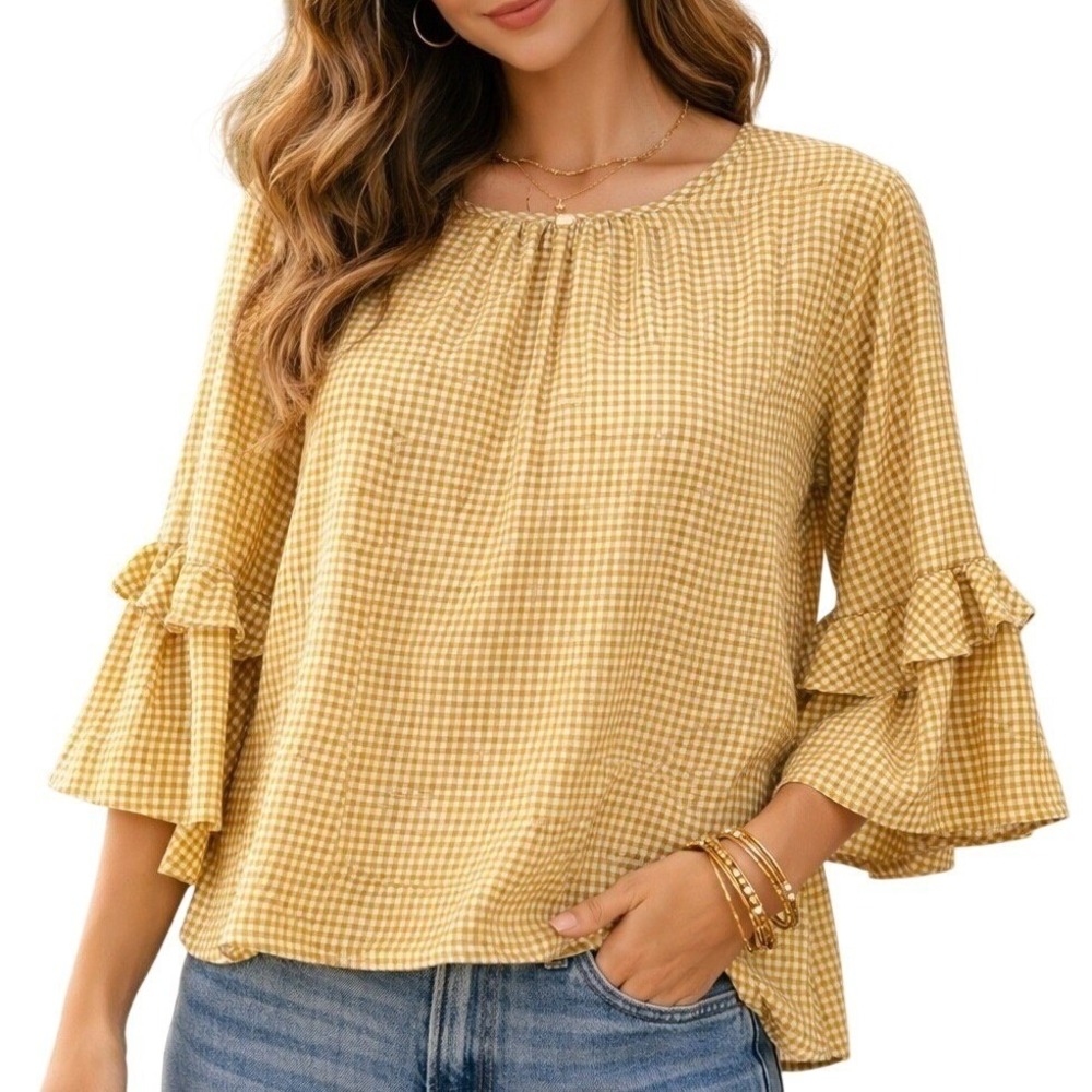 Good Luck Gem Blouse Womens XL Yellow Gingham Ruffle Bell Sleeve plaid condition
